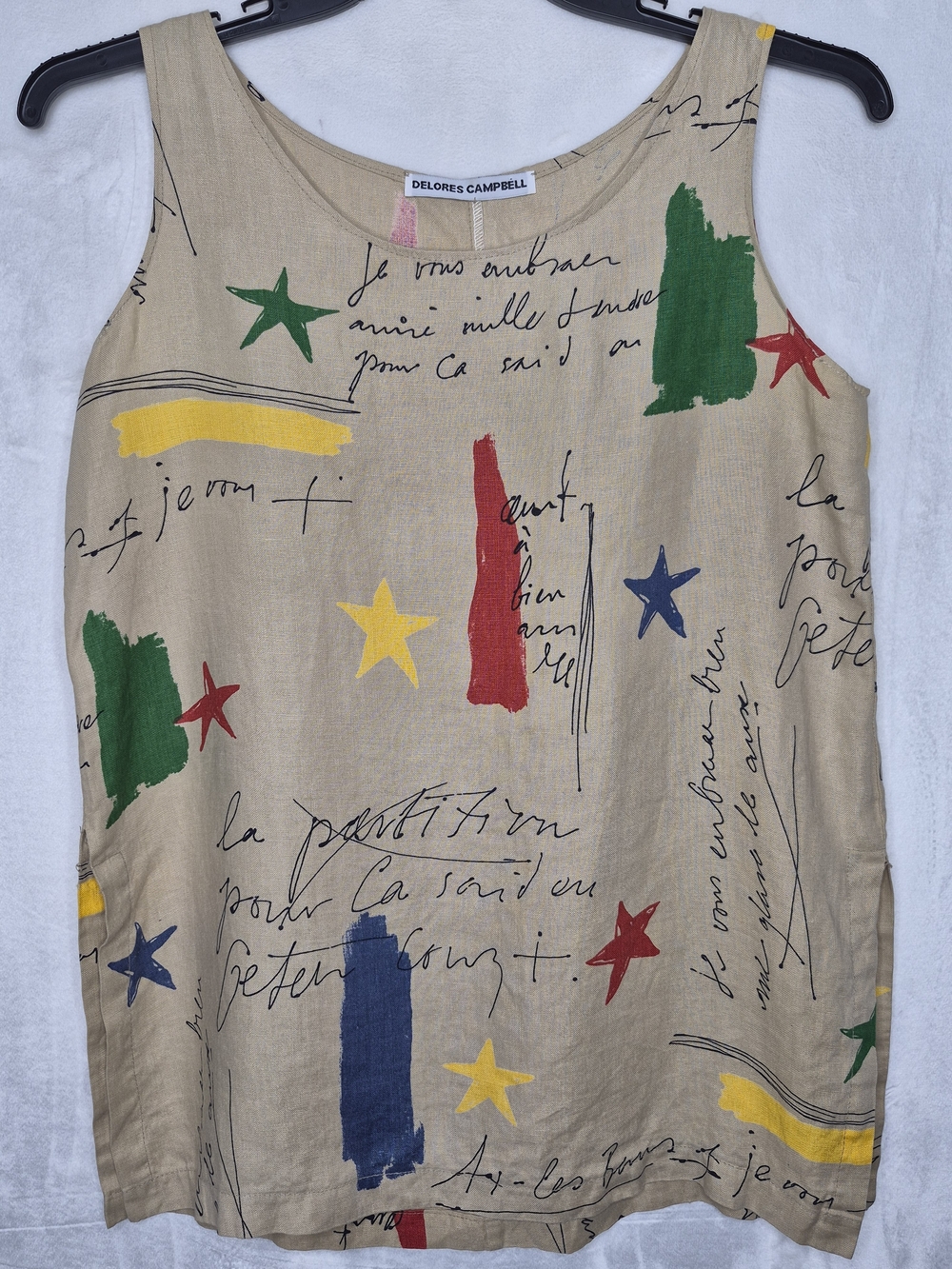 Delores Campbell Linen French Calligraphy Print Art To Wear Tank Top M